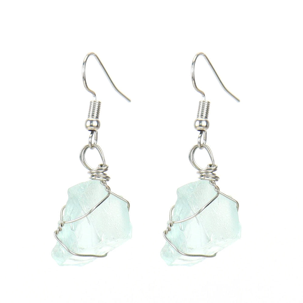 Women's Handmade Sier Winding Natural Stone Rough Crystal Agate Earrings