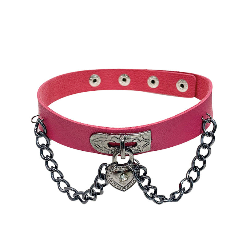 Love Leather Chain Neck Band Peach Heart Collar