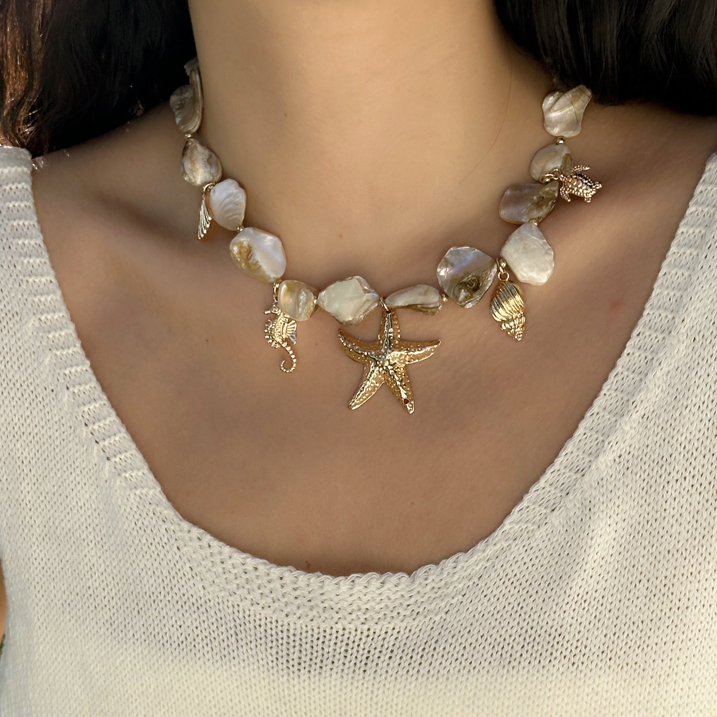 Women's Starfish Shell Beaded Imitation Pearl Layered Thick Necklaces