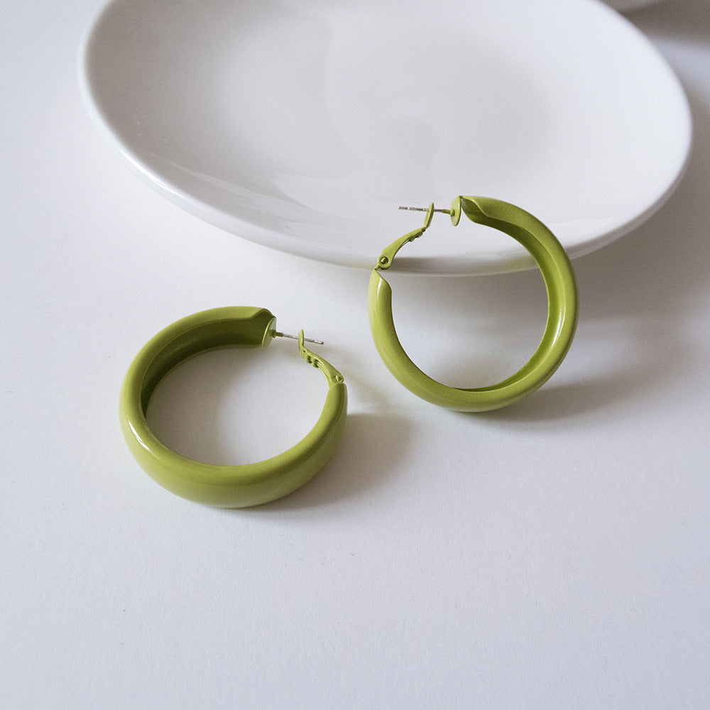 Sier Needle Style Avocado Green Graceful Geometric Big Circle Daily Stud Earrings