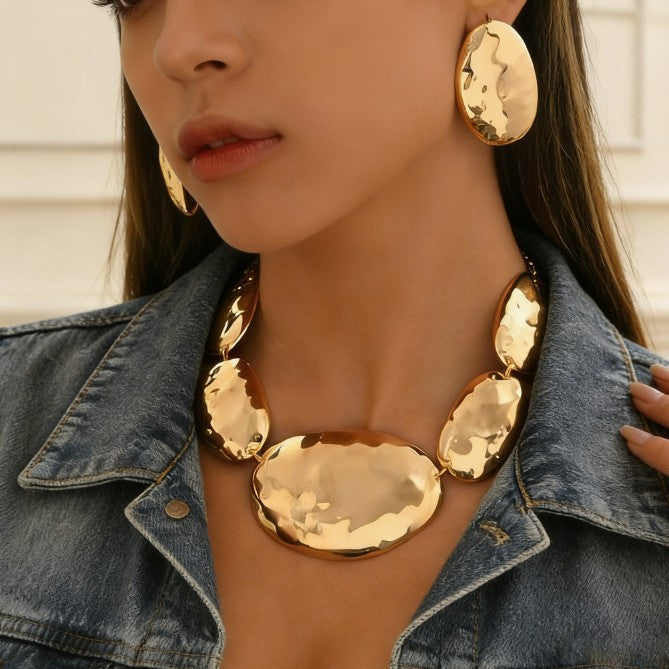 Irregular Oval Metal Glossy Geometric Pattern Cover Jewelry Set