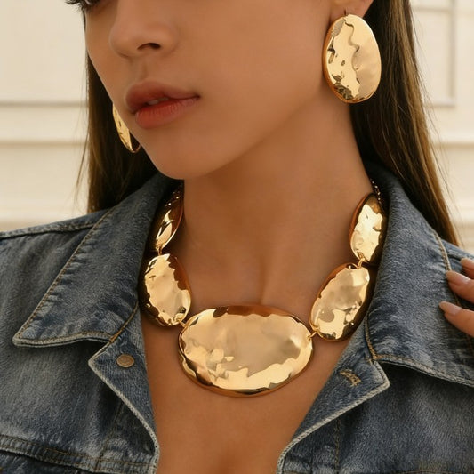 Irregular Oval Metal Glossy Geometric Pattern Cover Jewelry Set