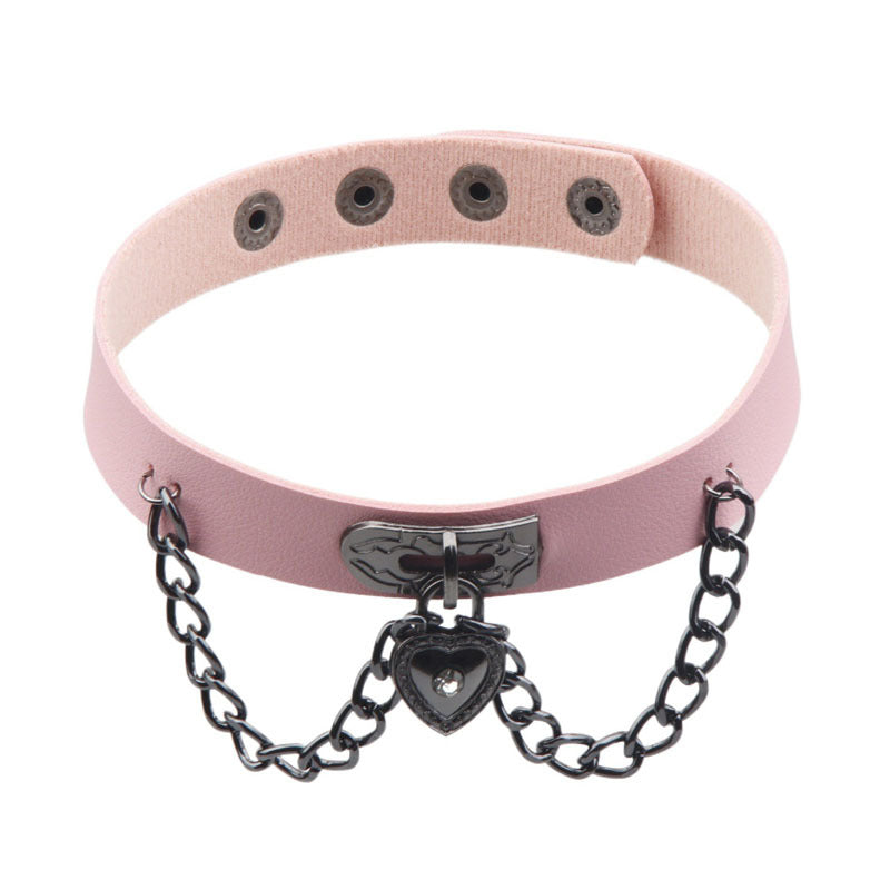 Dark Punk Heart Leather Chain Neck Band Peach Style Collar