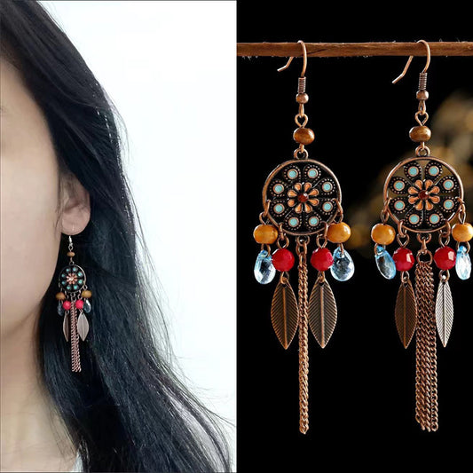 Leaf Tassel Ear Hook Ethnic Style Face Slimming Earrings