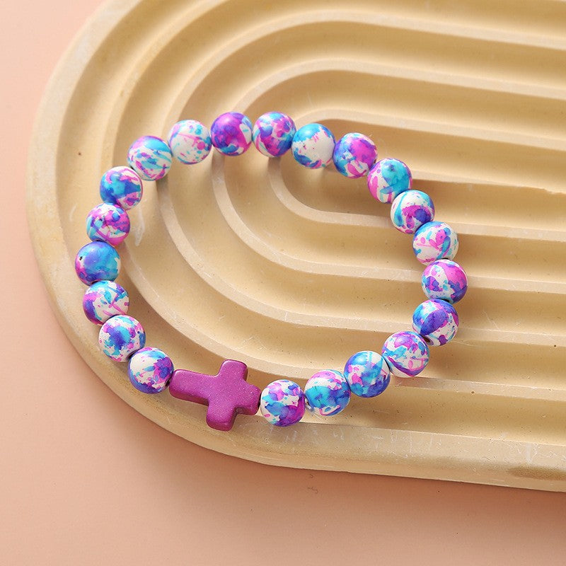 Women's Hand Cross Color Wooden Bead Beaded Bracelet