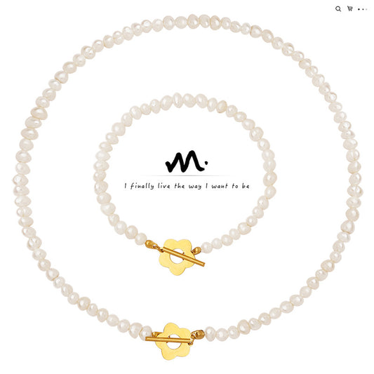 Baroque Freshwater Pearl Floral Buckle Mother Style Light Luxury Design Jewelry Set