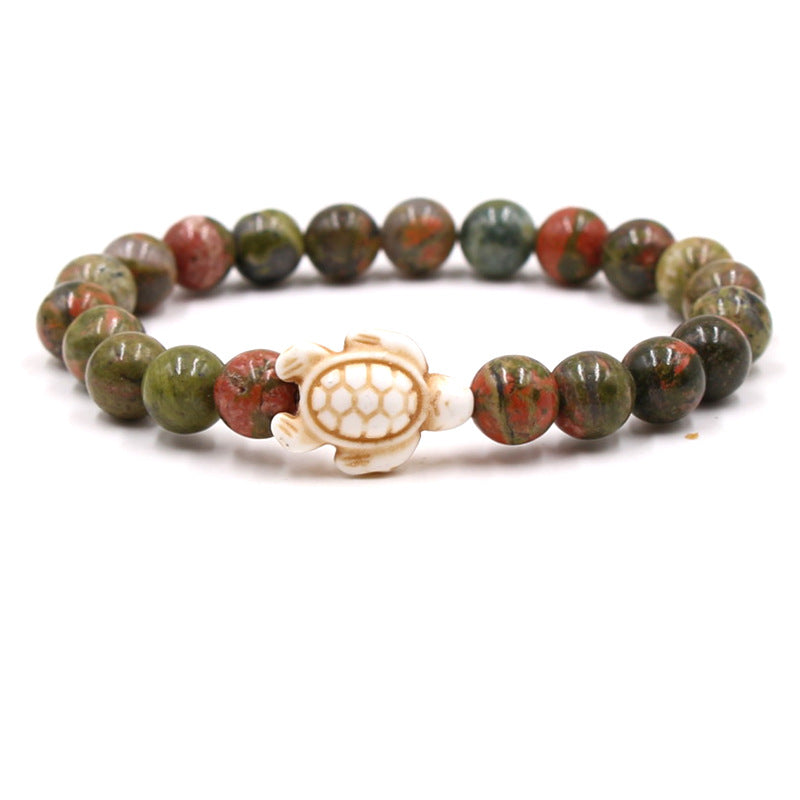 Women's & Men's Natural Yellow Tiger's Eye Beads Turquoise Turtle Bracelet