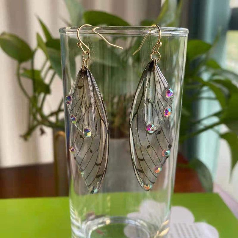 Women's Sier Cicada Wings Ear Hook Butterfly Temperamental Fairy Long Eardrop Earrings