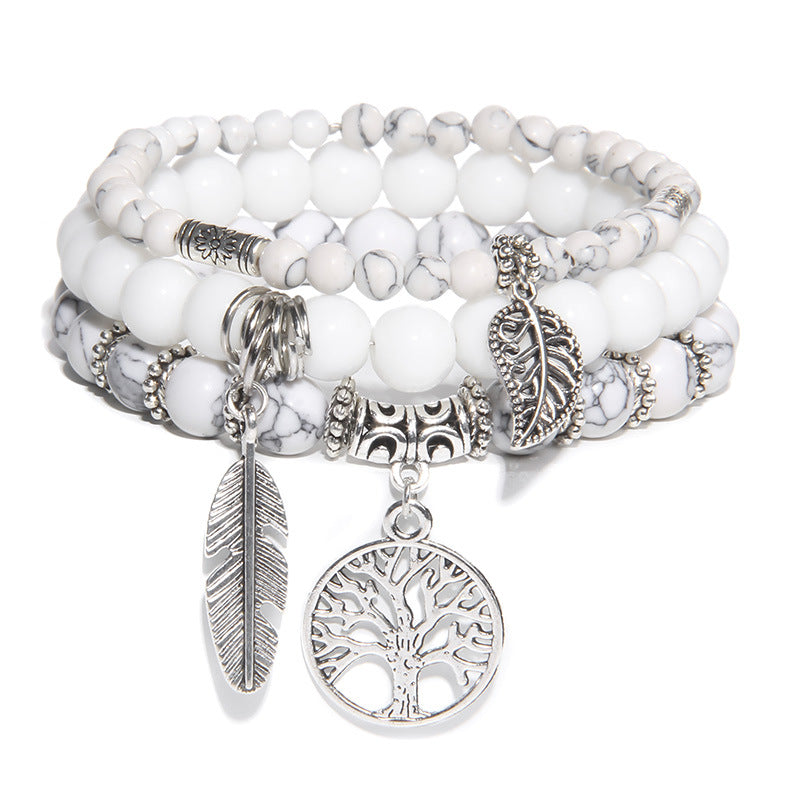 Women's Stone Bead Three-piece Tree Of Life Feather Vintage Bracelets