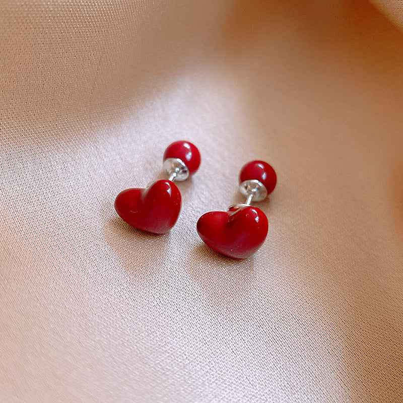 Women's Sier Needle Red Geometric Ear Korean Earrings