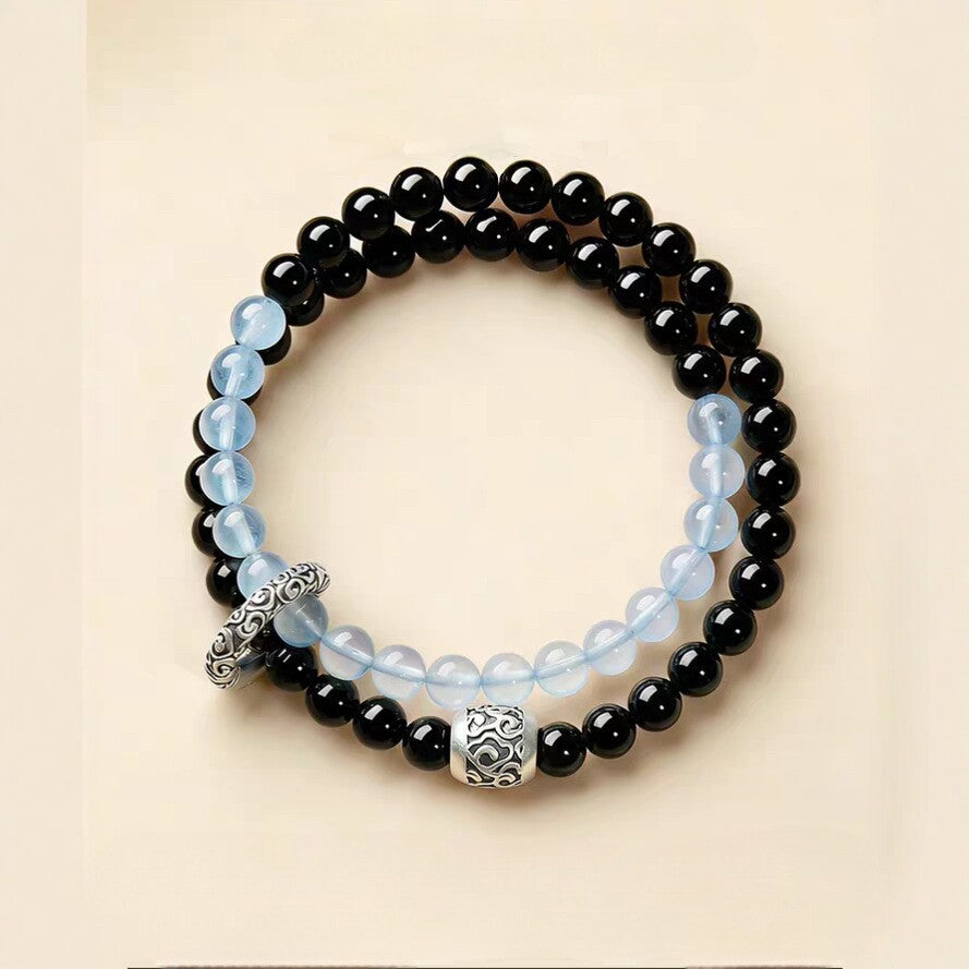 Women's & Men's Obsidian Aquamarine Double Crystal Lucky Beads Bracelets