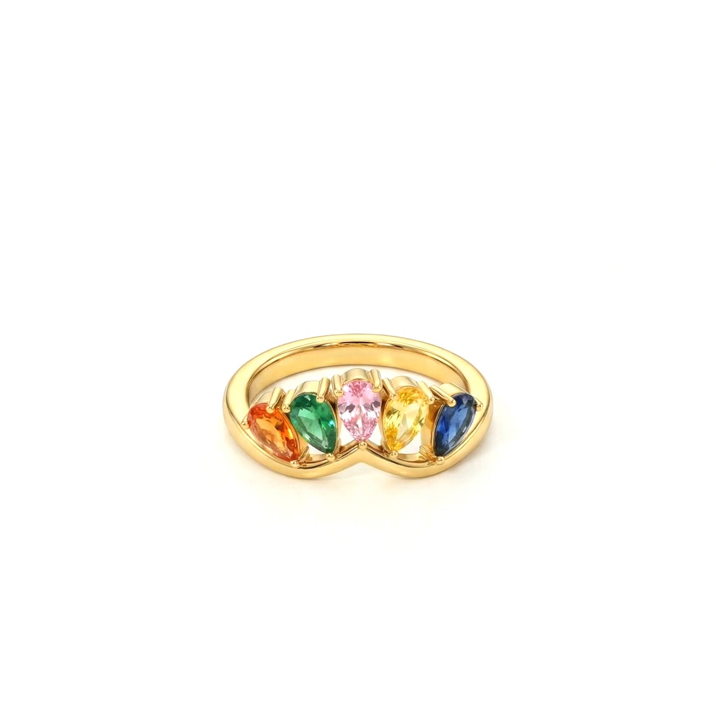 Inlaid Golden Asymmetric Colored Gems White Diamond Design Simple Ring