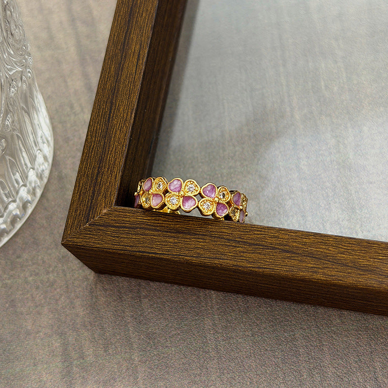 Luxury Retro Flower Auspicious Cloud Purple Enamel Open Niche Twin Rings