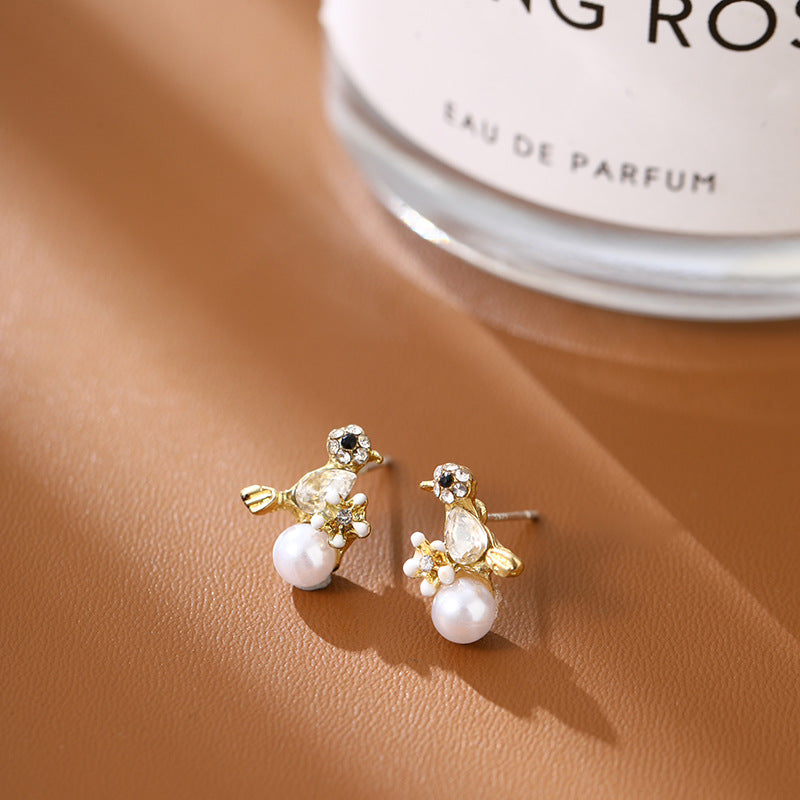 Sier-plated Bird Imitation Pearl Zircon Petite Trendy Niche Personalized Earrings