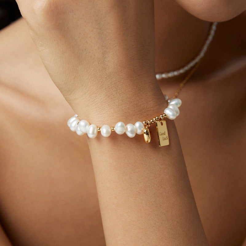 Retro Fashion Pearl Lucky Square Plate Heart Bracelet