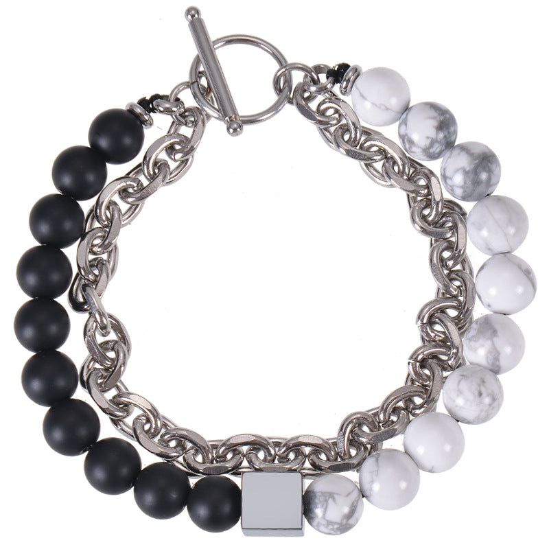 Men's Stainless Steel Square Black Magnet Beaded Bracelet
