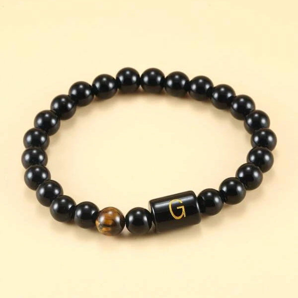 Men's English Letter Stretch Obsidian Couple Beaded Bracelets