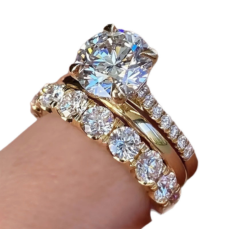 Women's Zircon Diamond Three-piece Fashion Wedding White Gold Rings