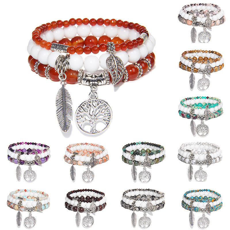 Women's Stone Bead Three-piece Tree Of Life Feather Vintage Bracelets