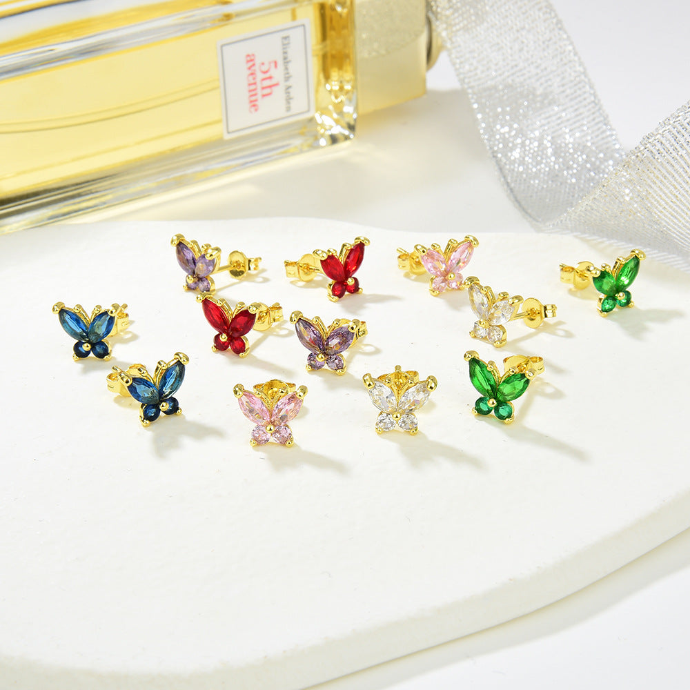 Women's Color Butterfly Micro Inlaid Zircon Insect Natural Pastoral Stud Earrings