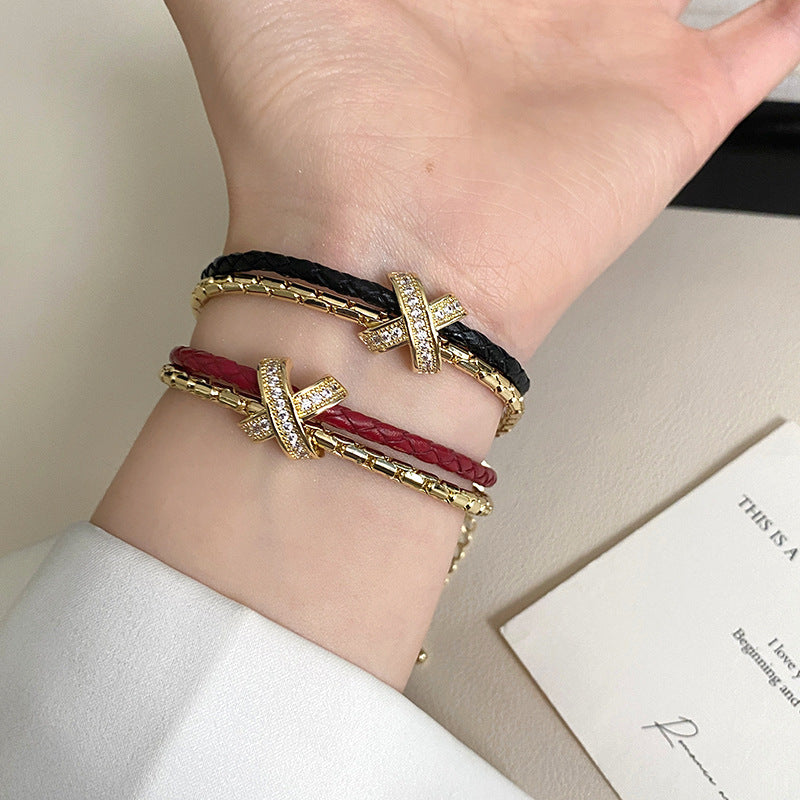 Double Layer Leather Cord Female Stitching Design Sense Micro Inlaid Bracelet