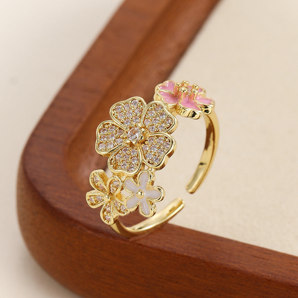 French Refined Zircon Female Design Temperament Open Super Fairy Flowers Rings