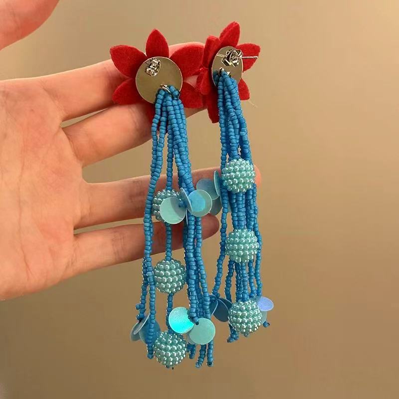 Women's Fresh Blue Fabric Flower Tassel Seaside Vacation Style Light Stud Earrings