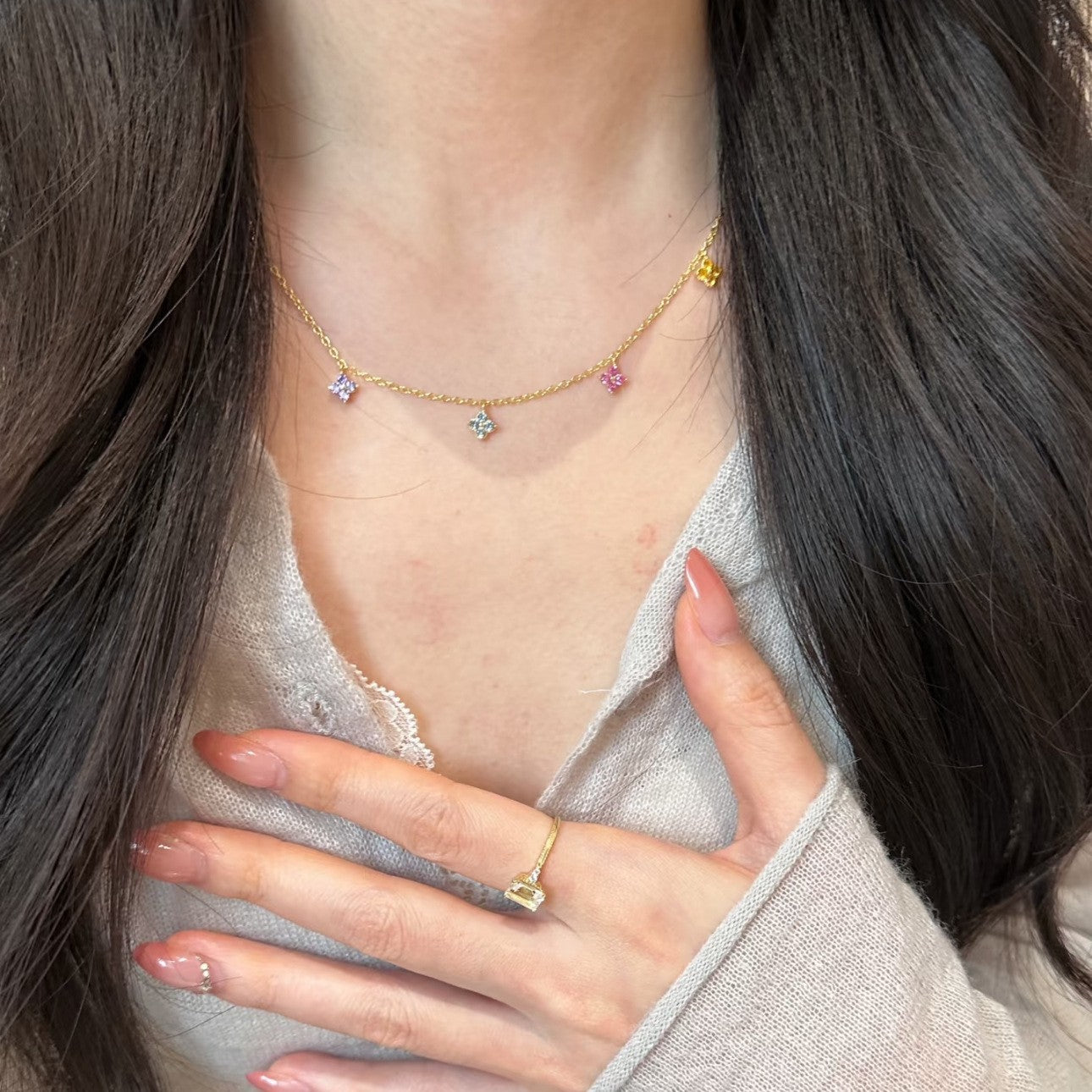 Women's Dopamine Color Zircon Clover High-grade Four-leaf Flower Sweet Clavicle Chain Necklaces