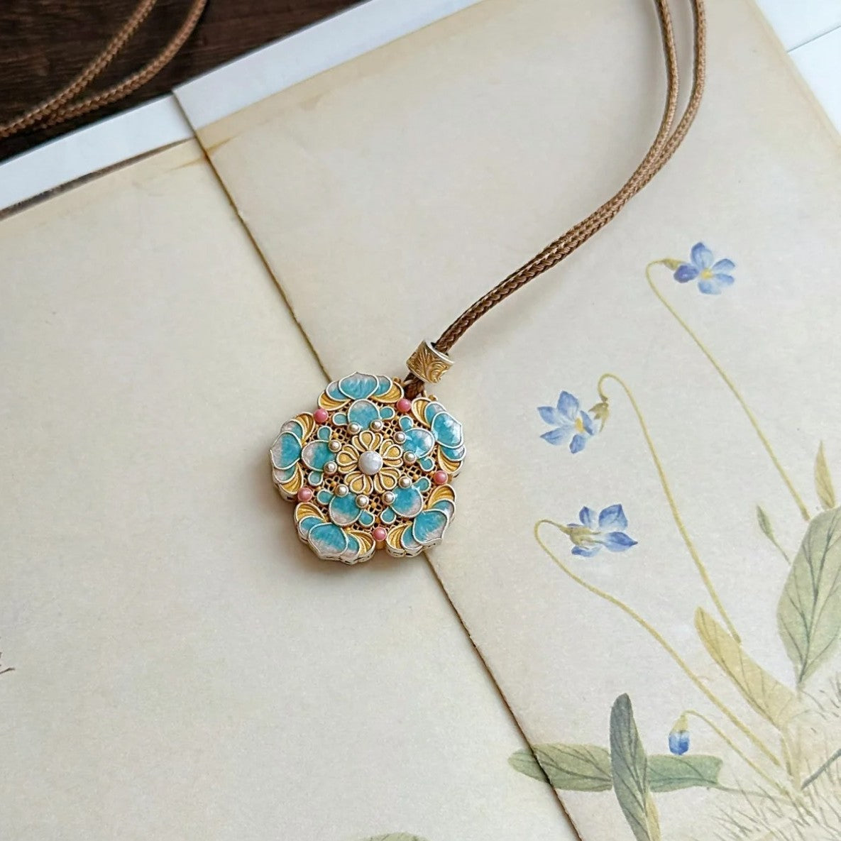 Women's Chinese Style Koi Flower Enamel Gold Sweater Chain Necklace