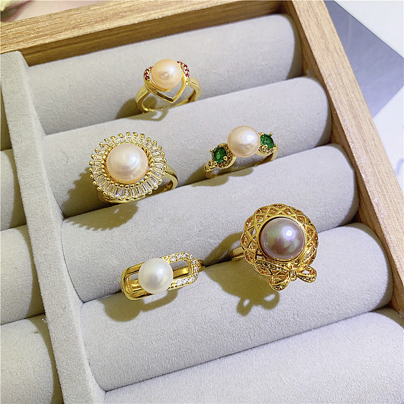 Pearl Light Luxury High-grade Zircon Opening Adjustable Color Ring