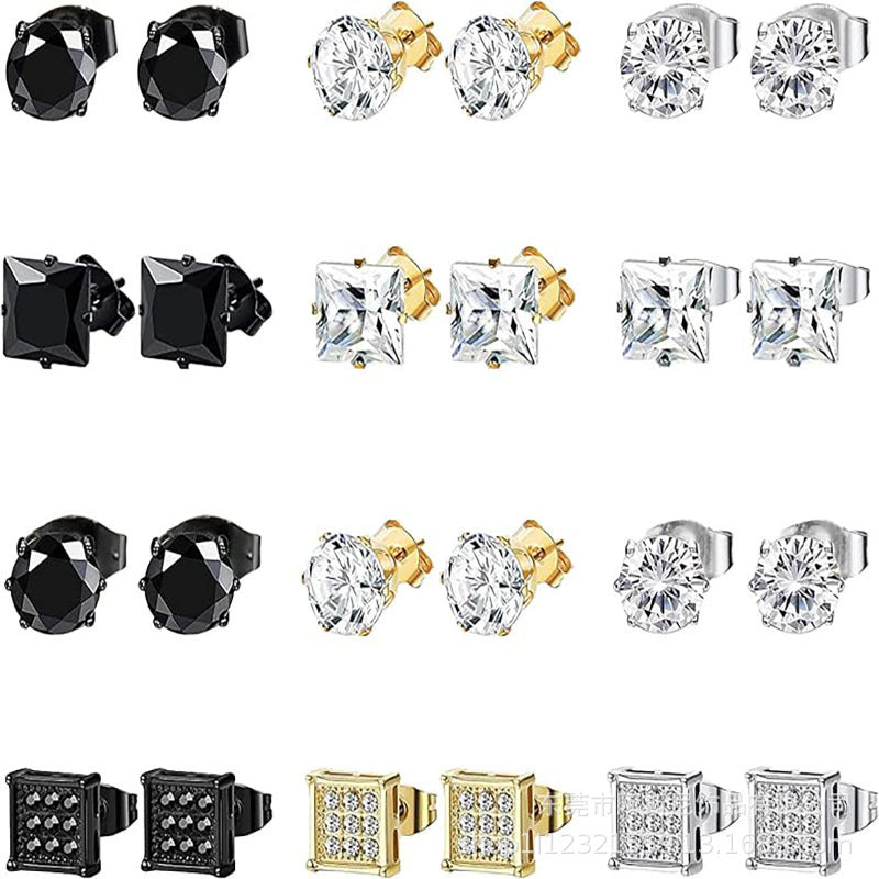 Women's & Men's Foreign Payment Pair Stainless Steel Inlaid Square Crystal Stud Earrings