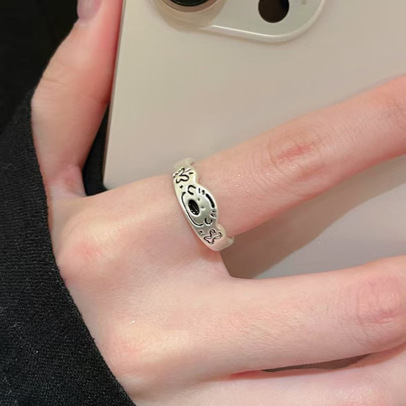 Light Luxury Niche Chinese Enamel Cherry Blossom Cute Cat Ring