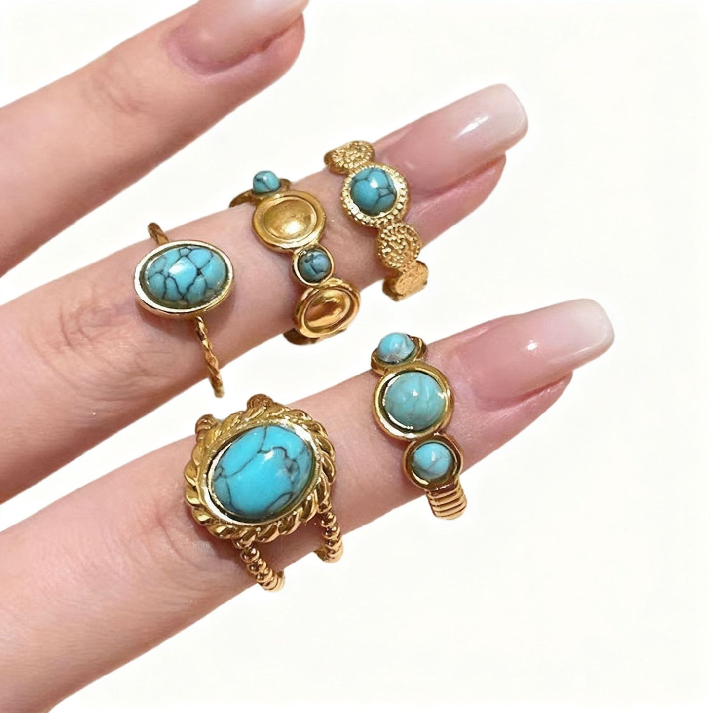 Personality Vacuum Plating Golden Flower Turquoise Ring