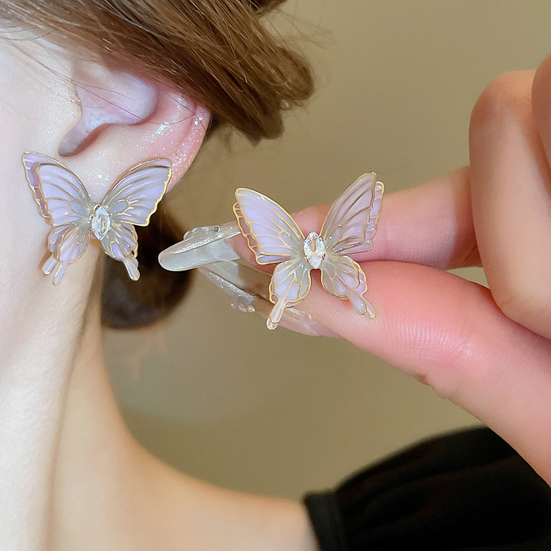 Women's Dripping Zircon Butterfly Sier Simple Niche Earrings