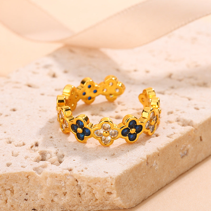 Luxury Copper Inlaid Color Diamond Clover Open Adjustable Elegant Ring