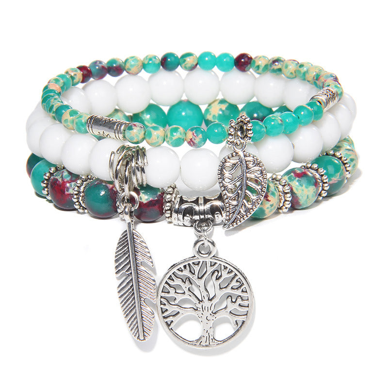 Women's Stone Bead Three-piece Tree Of Life Feather Vintage Bracelets