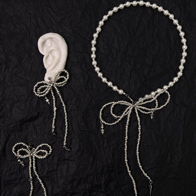 Beaded Bow Pearl Rivets Strap Sweet Cool Hot Earrings