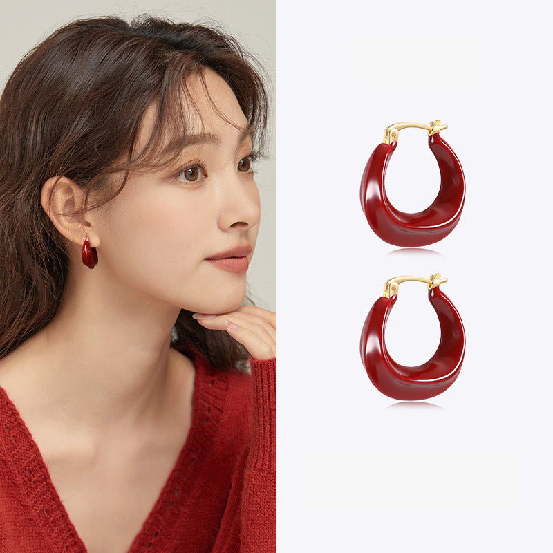 Women's Sier Needle Red Geometric Ear Korean Earrings