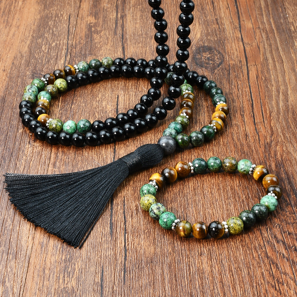 Women's Vintage Black Stone Natural Beaded Long Tassel Sweater Jewelry Set