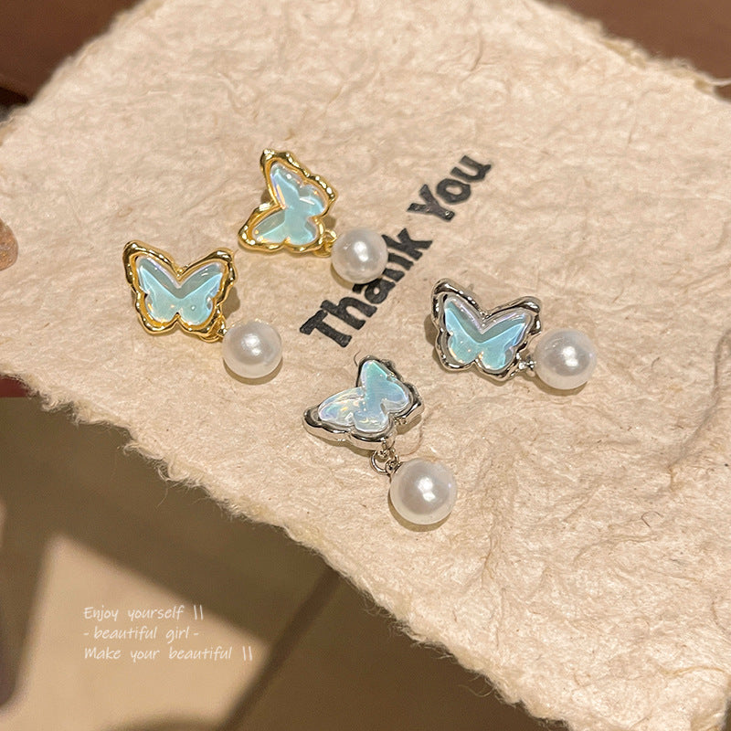 Women's Needle Blue Ocean Butterfly For Light Luxury Minority High-grade Pearl Stud Earrings