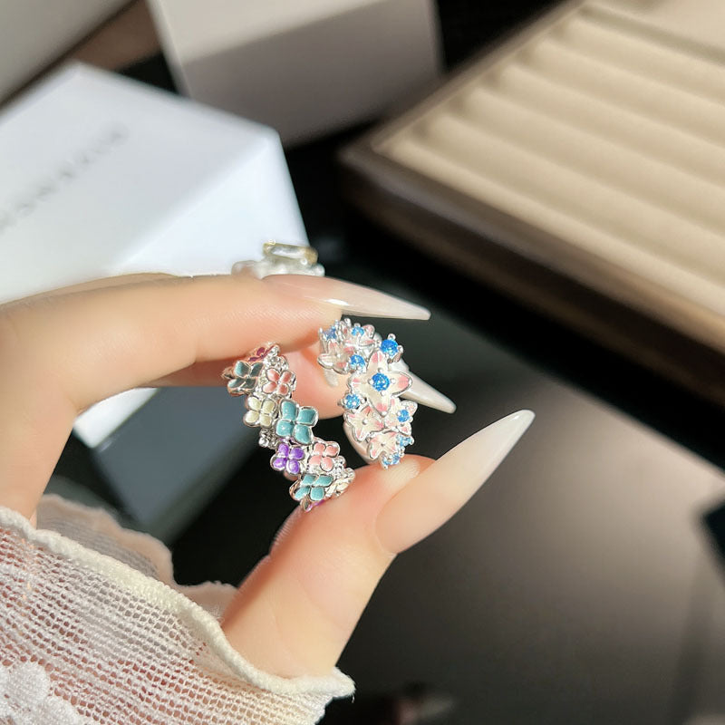 Sweet Style Colored Glaze Flower Twin Open Female Niche Design Ring
