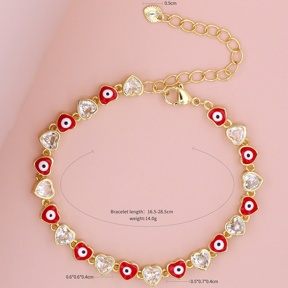 Heart-shaped Devil's Eye Zircon Micro Inlaid Electroplated Dripping Oil Fashion Bracelet