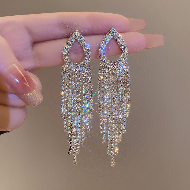 Women's Fashion Exaggerated Rhinestone Long Fringe High-grade Earrings