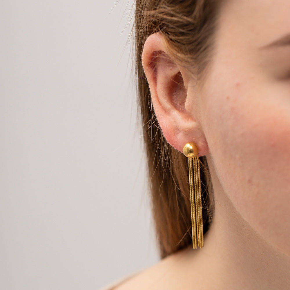 Fashion Titanium Steel Gold Stainless Beads Long Earrings
