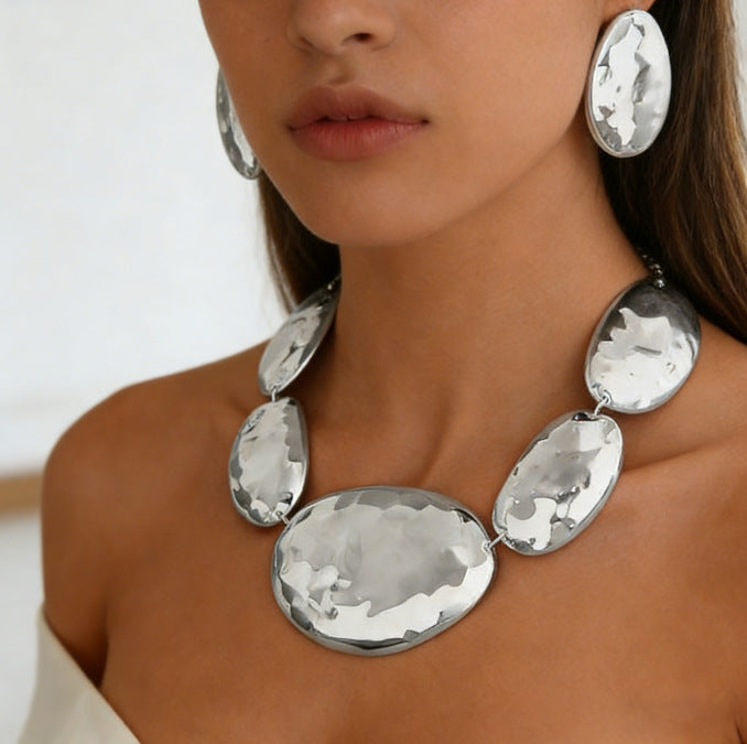 Irregular Oval Metal Glossy Geometric Pattern Cover Jewelry Set
