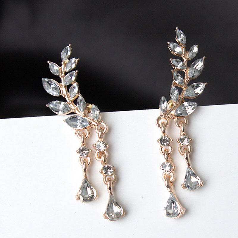 Sweet Rhinestone Popular Leaves Tassel Crystal Earrings