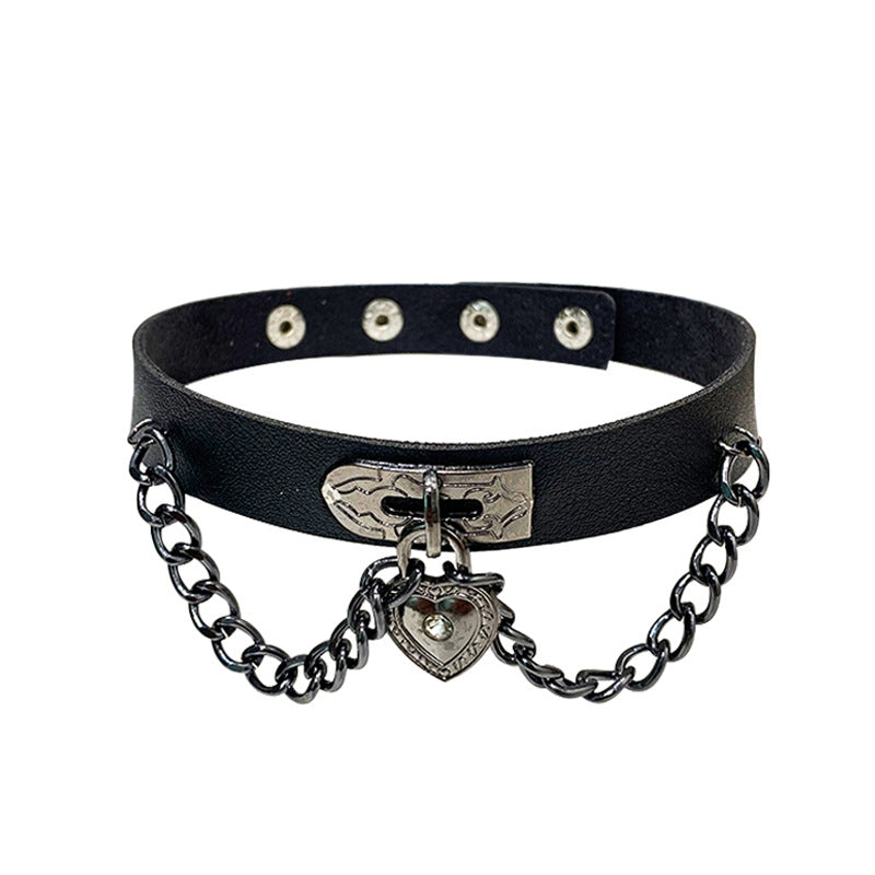 Love Leather Chain Neck Band Peach Heart Collar