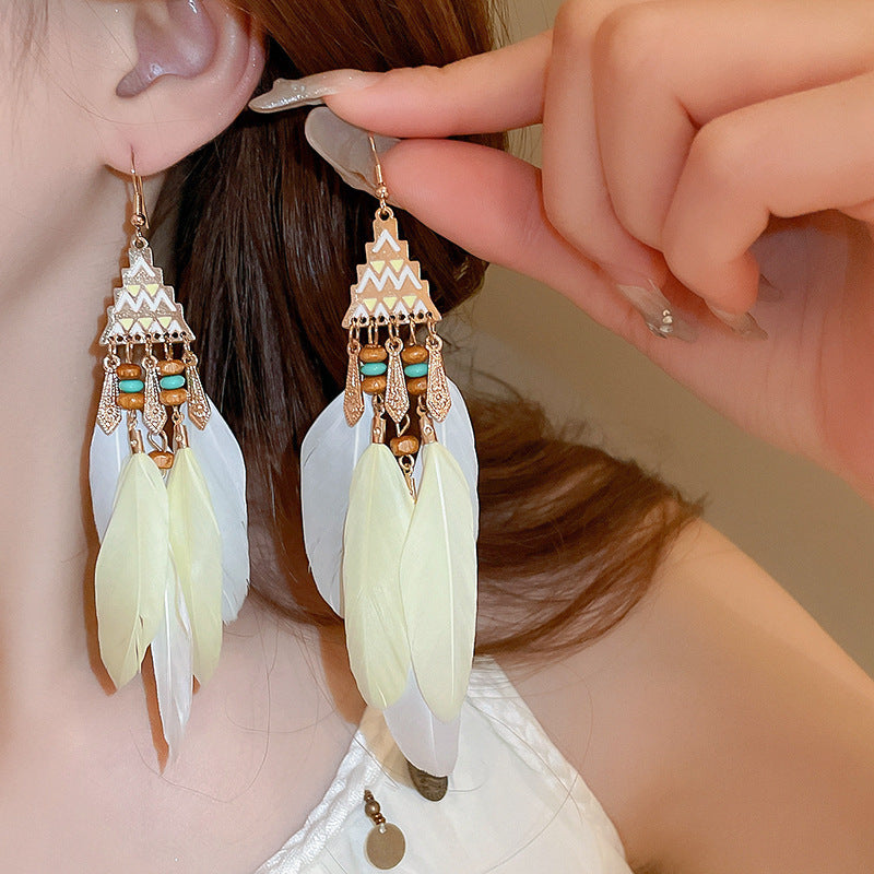 Feather Bead Tassel Niche Retro Vacation Earrings