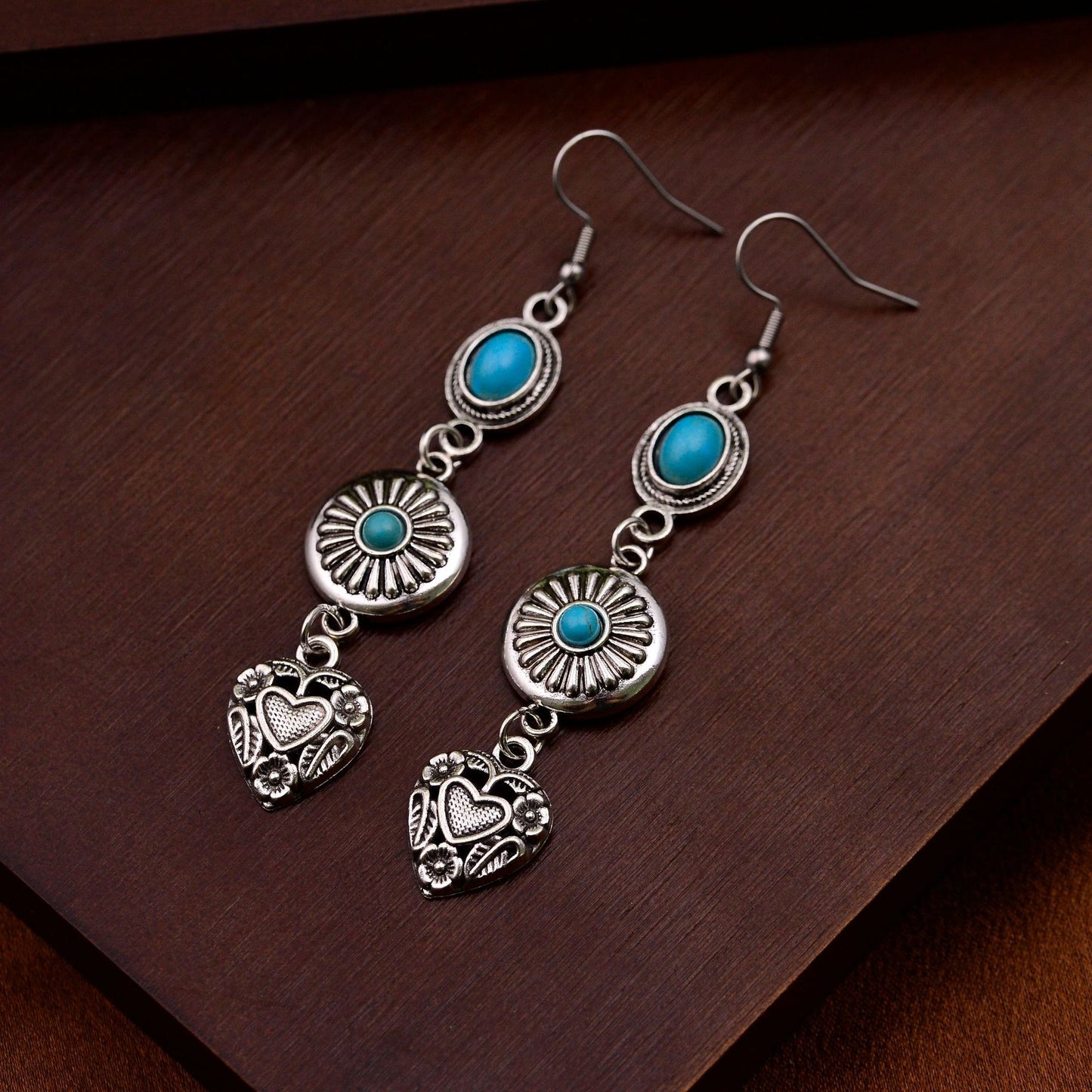Bohemian Elegant Distressed Texture Flower Love With Turquoise Earrings