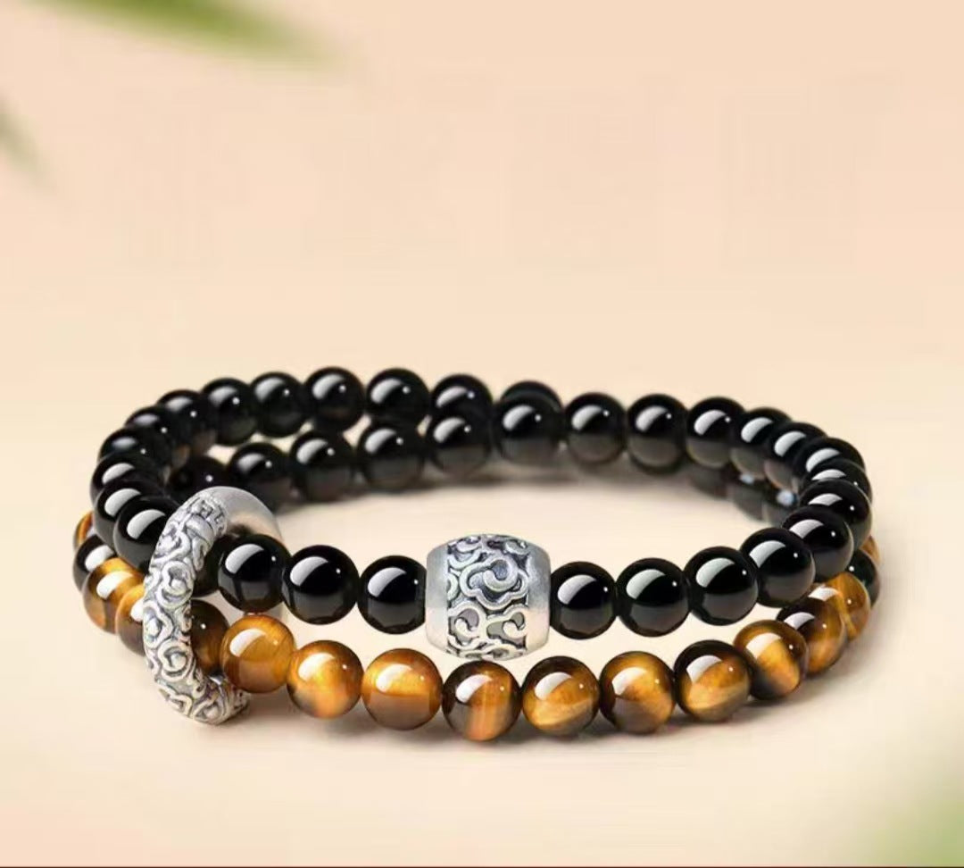 Women's & Men's Obsidian Aquamarine Double Crystal Lucky Beads Bracelets